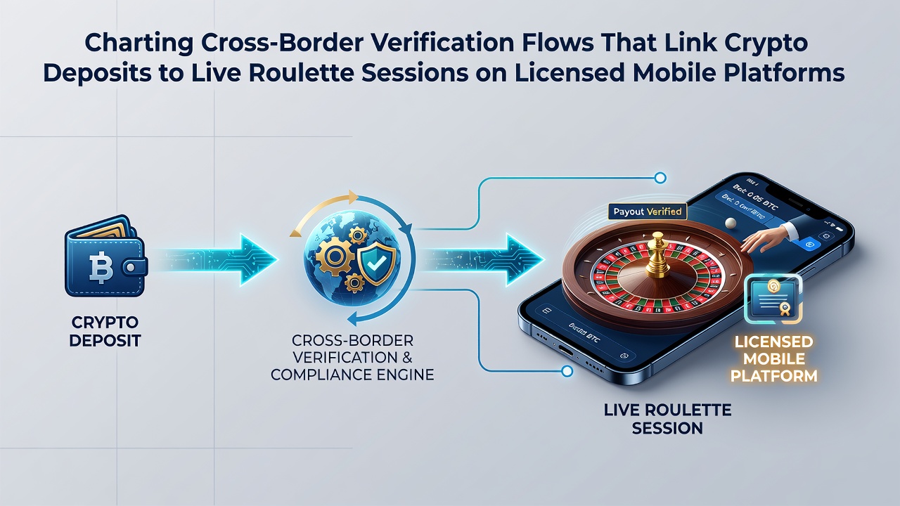 Diagram van verificatiestromen tussen crypto-deposito's en mobiele live roulette sessies