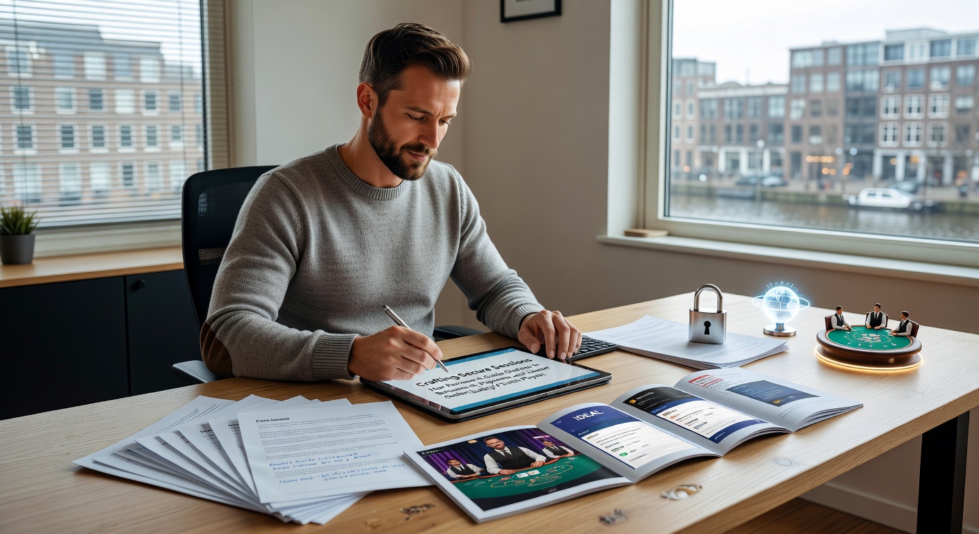 Speler analyseert reviews op een tablet terwijl live dealer blackjack in beeld is, met focus op bonusvoorwaarden en betaalopties