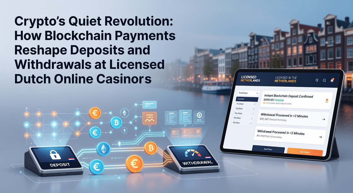 Blockchain-transacties in actie bij een Nederlands online casino, met symbolen van crypto-munten en veilige stortingen