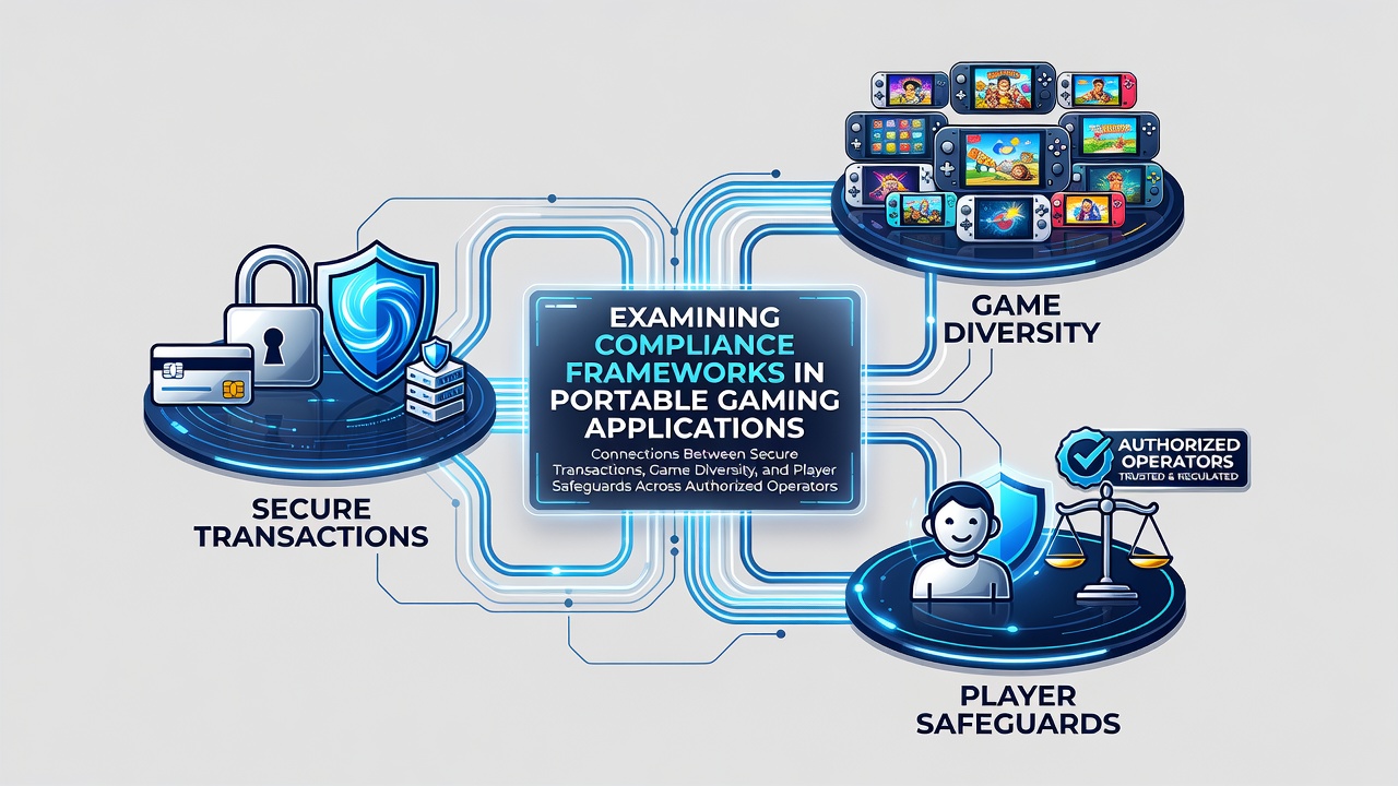 Illustratie van mobiele gamingapplicaties met focus op compliance en beveiligde transacties