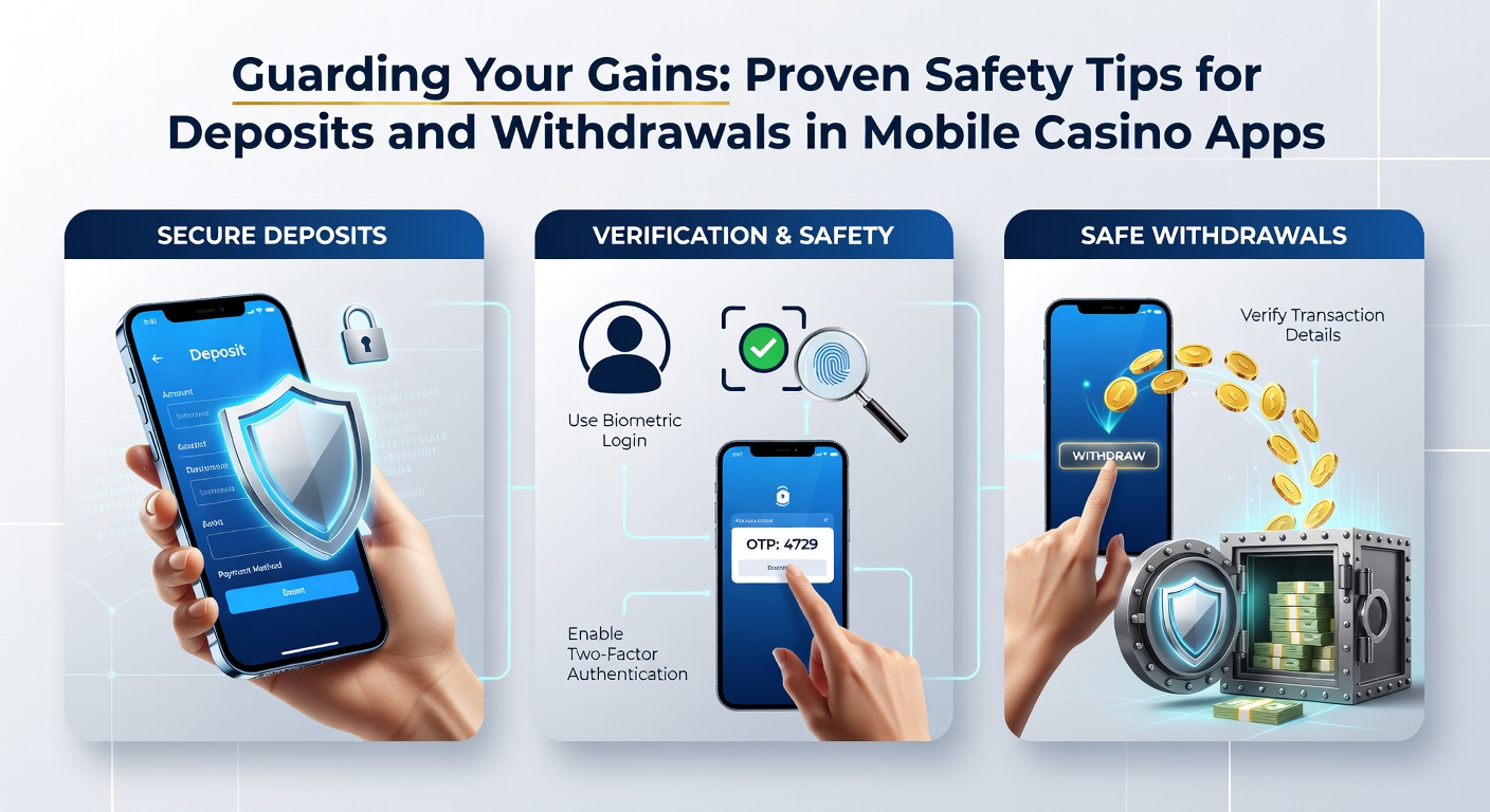 Grafiek met pijlen die een veilig opnameproces illustreren in een mobiele casino app, inclusief verificatiestappen en geldoverboeking