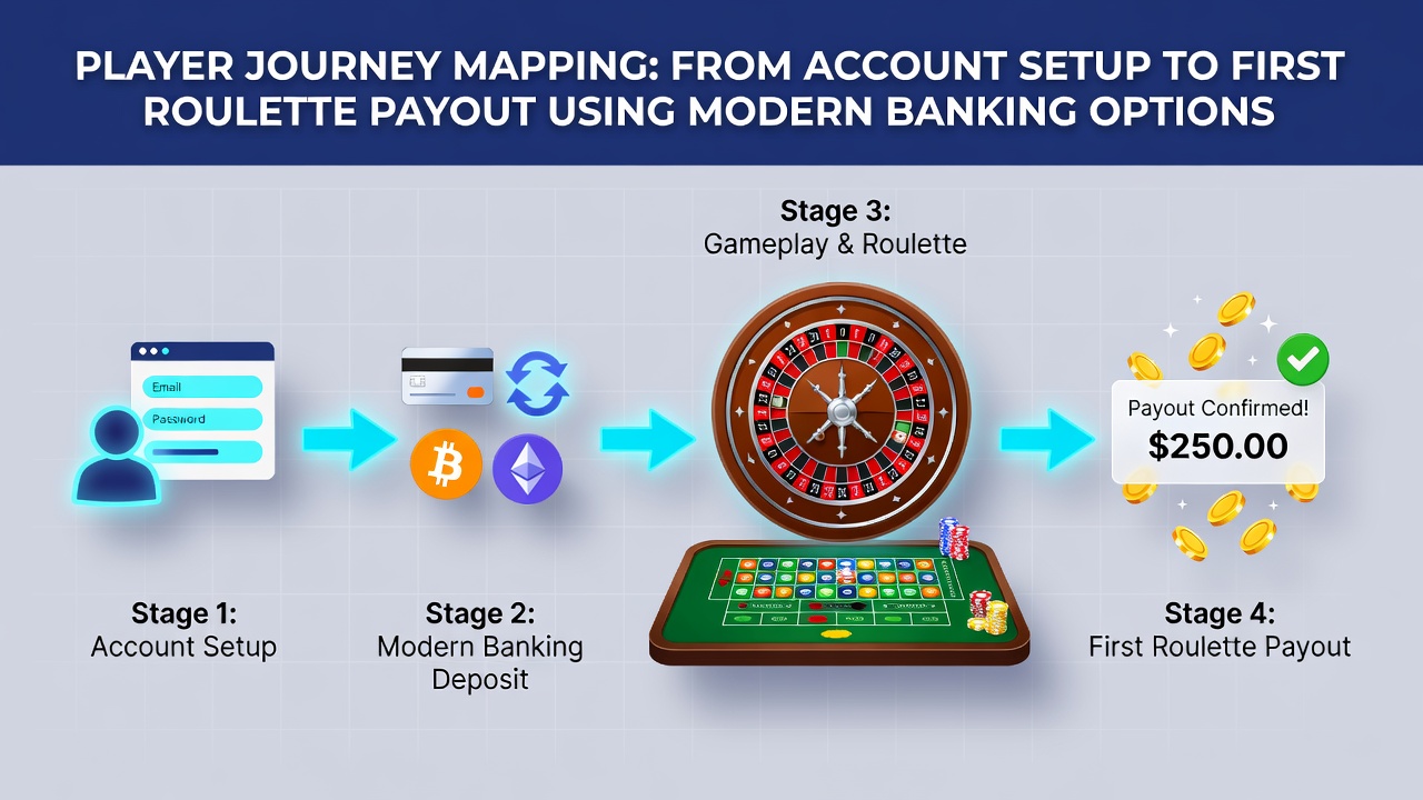 Visuele weergave van een spelersreis in een online casino met account setup en betaalstappen