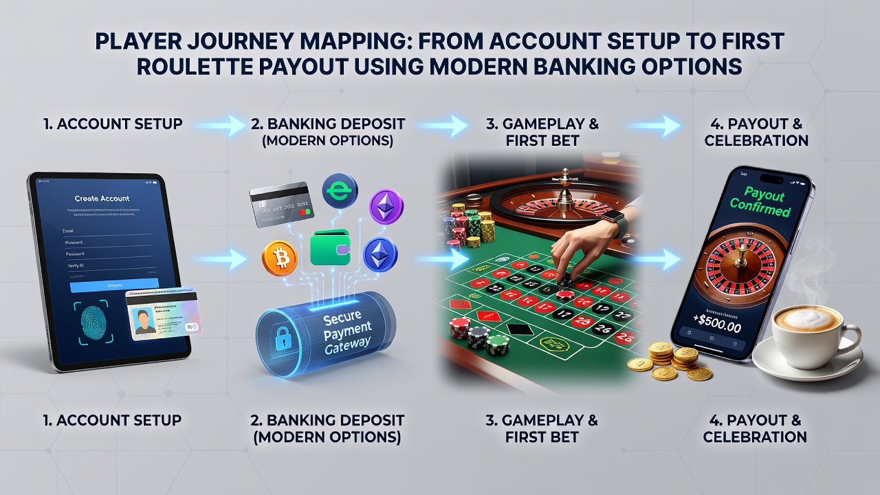 Afbeelding van een roulette tafel met uitbetalingsproces via moderne banking opties