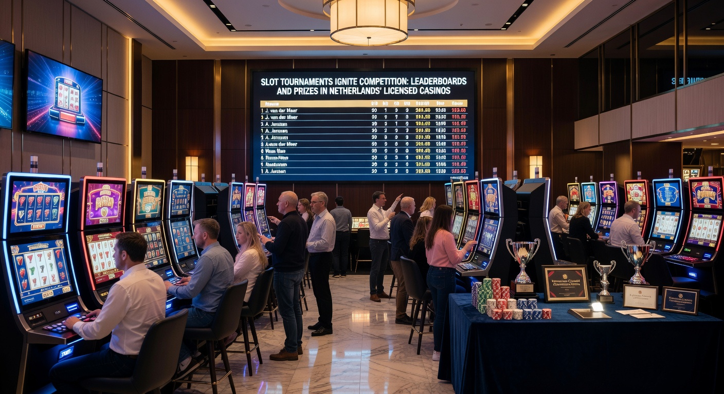 Spelers turen geconcentreerd naar een bruisend slottoernooi-leaderboard in een Nederlands casino, met felgekleurde prijzen en live scores die de spanning opvoeren