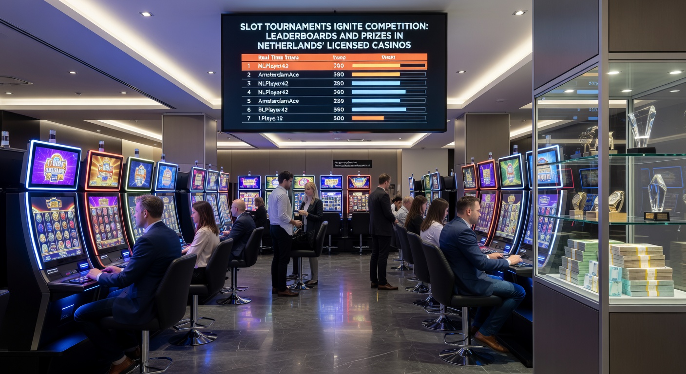Een juichende winnaar ontvangt een cheque tijdens een slottoernooi in een Nederlands casino, omringd door medespelers en een flitsend leaderboard op de achtergrond