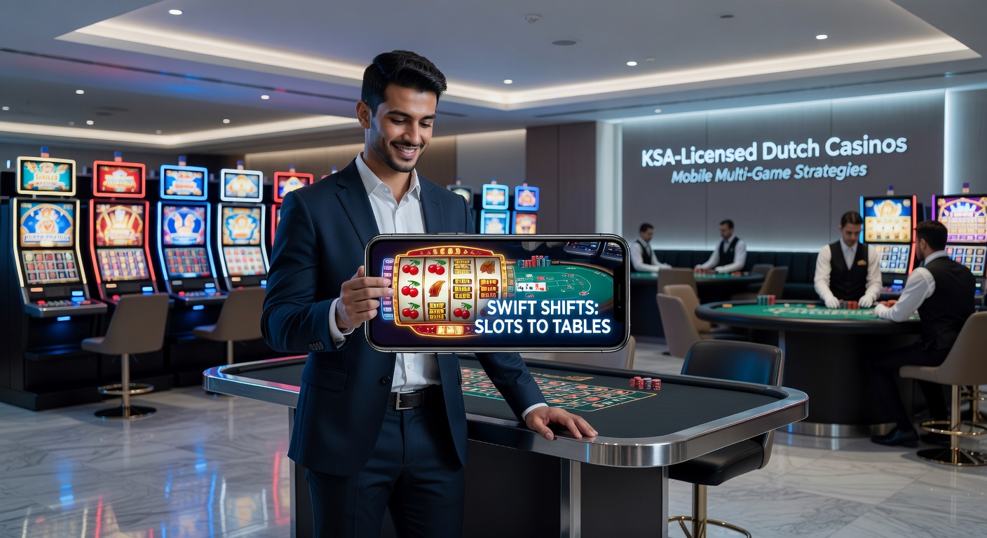 Speler op mobiel die snel wisselt tussen een slotmachine en een live roulette-tafel in een Nederlands online casino, met KSA-logo op de achtergrond