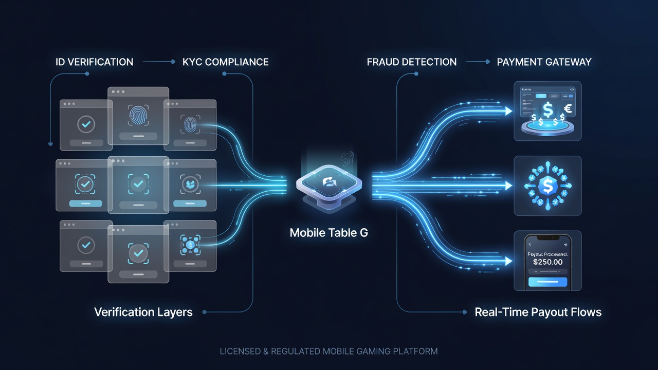 Diagram van real-time uitbetalingsprocessen gekoppeld aan verificatie in live casino apps